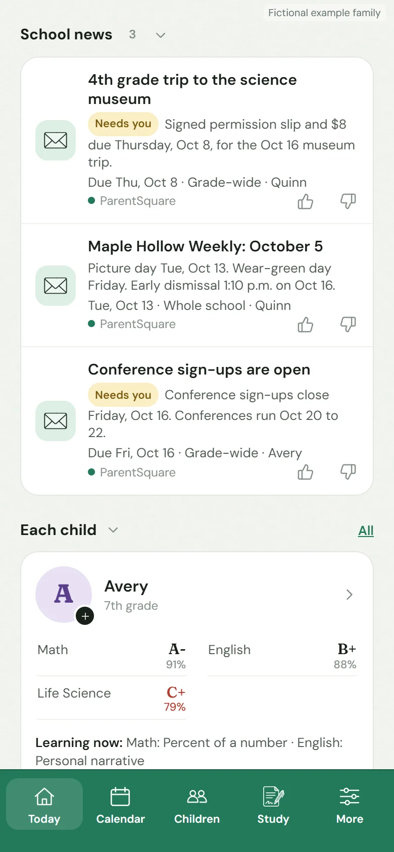 Fictional Parents school news with a field trip permission slip and dated school notices
